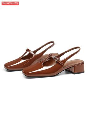 Women's Mary Jane Slingback Low Heels T-Strap Chunky Heel Pumps Dress Shoes